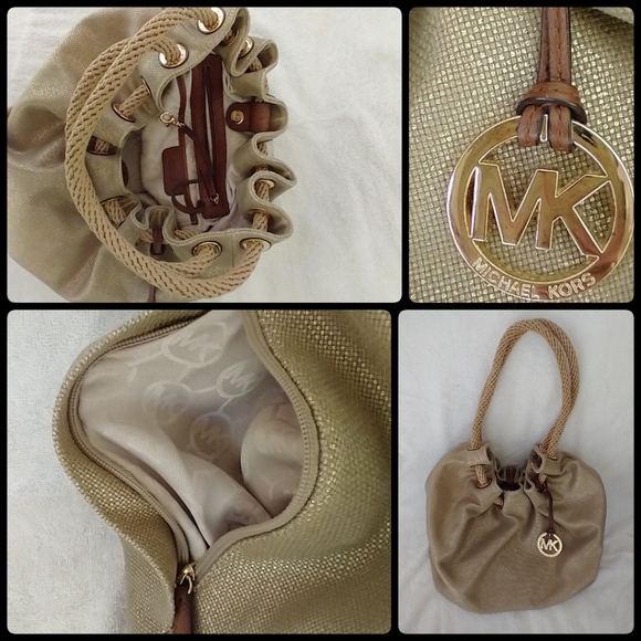 Michael Kors Bucket Bag Gold Tone Fabric/Marine Rope Brown leather